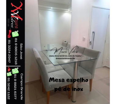 Mesa de vidro com pé de inox e espelho